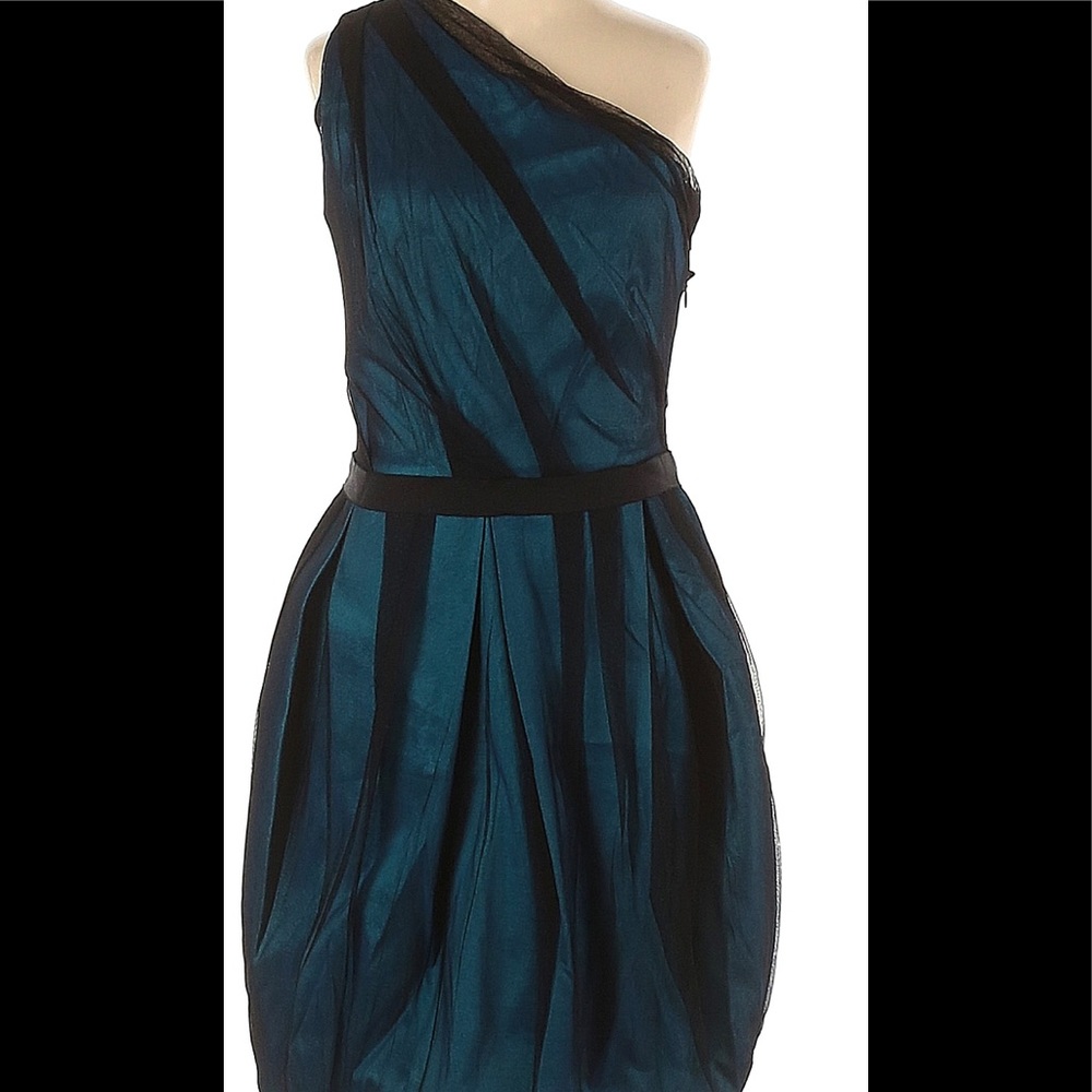 David Meister asymmetrical one shoulder bubble dress.